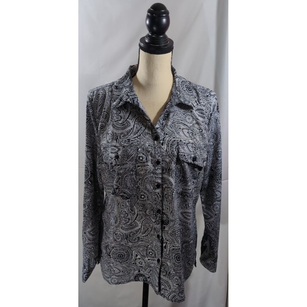 Kim Rogers Blouse Paisley Print Black and Gray Womans Long Sleeve Size Large